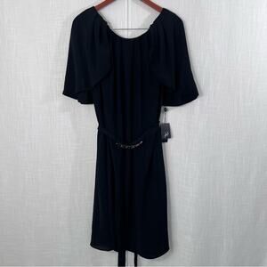Adrianna Papell NWT Black Flutter Sleeve Belted Sheath Chiffon Dress Sz 16W